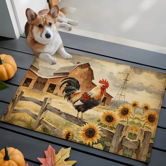 Country Rooster Bathroom Mat 2x3 FT, Non Slip Small Kitchen Mat, Barn Sunflowers Windmill Wooden Fence Washable Soft Backed Front Door Throw Rug Non-Shedding Indoor Outdoor Doormat for Entryway Sink