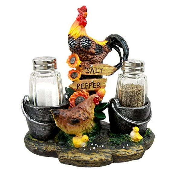 Country Rooster Hen and Chicks Family Salt and Pepper Shakers Holder Set 7"H