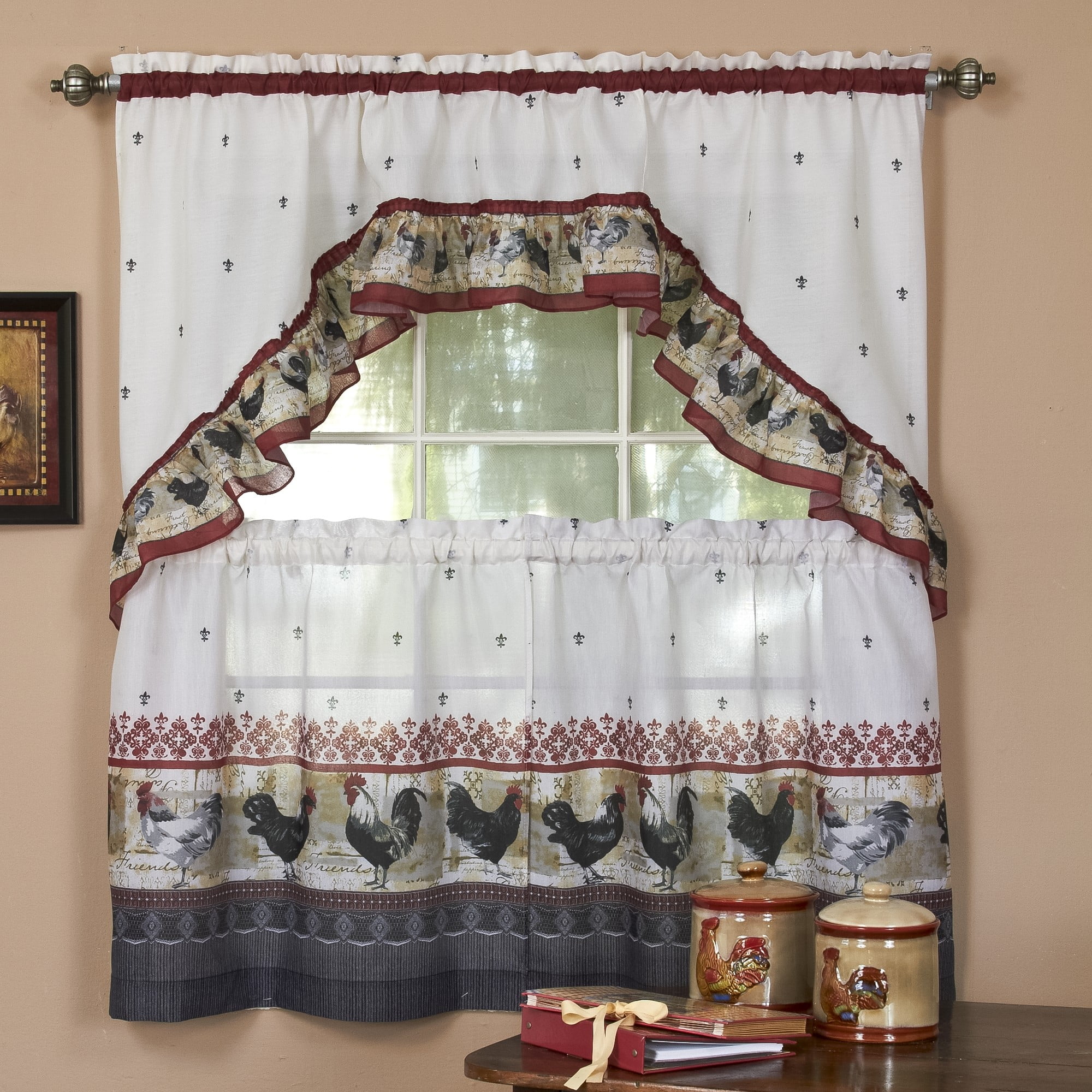 Country Rooster Kitchen Curtain Tier Swag Set 24 In Long Com