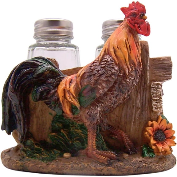 Country Rooster Salt & Pepper Shaker Set with Fence, 4-Inch Decor