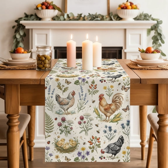 Country Roosters Dining Table Runner, Rustic Hen Nests Flower Botanical Beige Washable Table Runners Kitchen Coffee Table Center Decor for Home Party Holiday Wedding 13 x 48 Inches