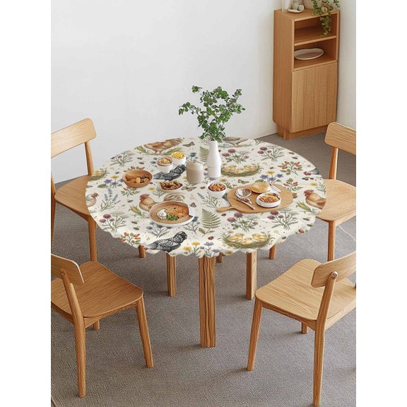 Country Roosters Round Fitted Tablecloth with Elastic Edge, Rustic Hen Nests Flower Botanical Beige Waterproof Stretch Table Covers for 45"-54" Tables Wipeable Table Cloth for Outdoor