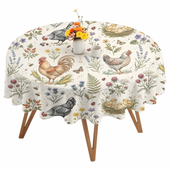 Country Roosters Round Tablecloth 54 inches Rustic Hen Nests Flower Botanical Beige Waterproof Oil-Proof Table Cloth Round Table Cover for Holiday Party Picnic Dinner Decor Indoor and Outdoor Use