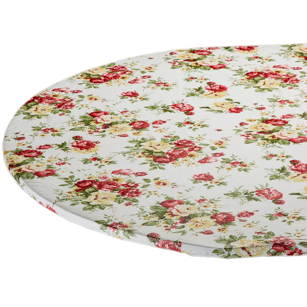 Oval White Vinyl Table Cover with Red and Yellow Roses