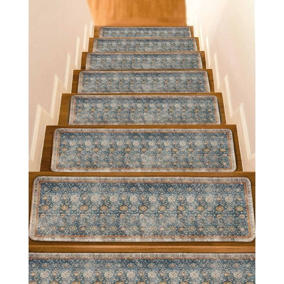 Country Rustic Art, Stair Treads for Wooden Steps Indoor Runner Rug Carpet, Gradual Brown Abstract Geometric Flower 7 Pieces Peel and Stick Staircase Step Treads Covers Washable Door Mats 30"x8"