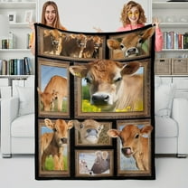 Country-Rustic Cow Collage Soft Fleece Throw Blanket, Animal Theme Cozy Knitted Polyester Farmhouse Style Throw, All-Season Comfort with Unique Embellishments for Gifting
