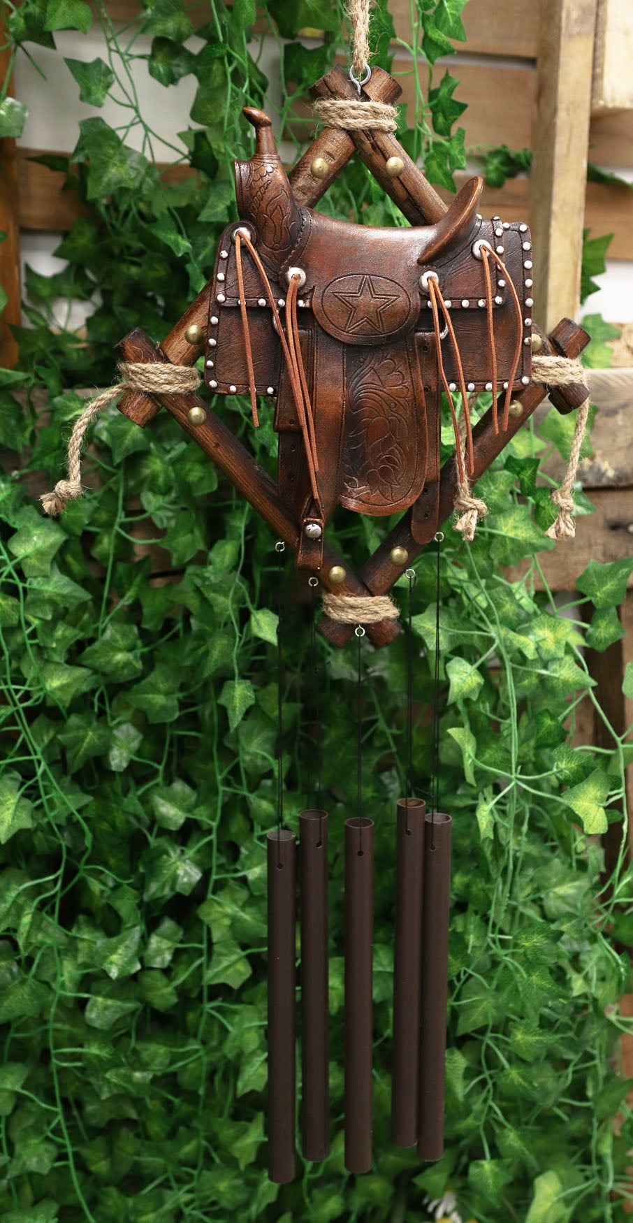 Country Rustic Cowboy Horse Saddle Faux Tooled Leather Decorative Wind Chime