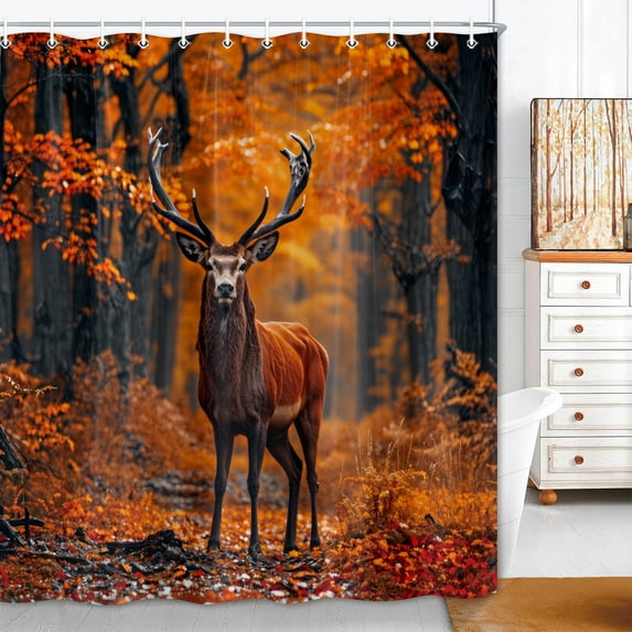 Country Rustic Deer Camo Shower Curtain, Fall Forest Wild Animal Hunting Cabin Farmhouse Lodge Natural Scenery Bathroom Decor, Autumn Fabric Bathroom Decor Set with Hooks 70X75in