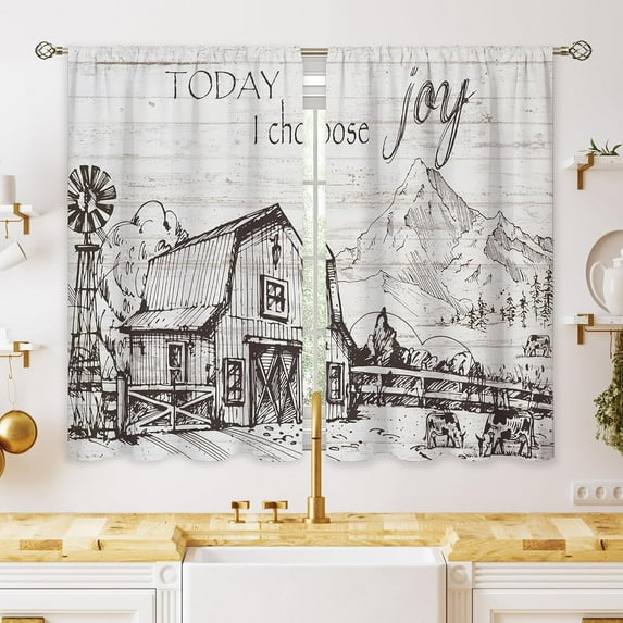Country Rustic Farmhouse Cabin Small Kitchen Curtains Rooster Grey White Window Treatment Retro Quotes Windmill Cafe Short Curtains for Bathroom Room Tier Treatment Drapes 27.5x39 inch