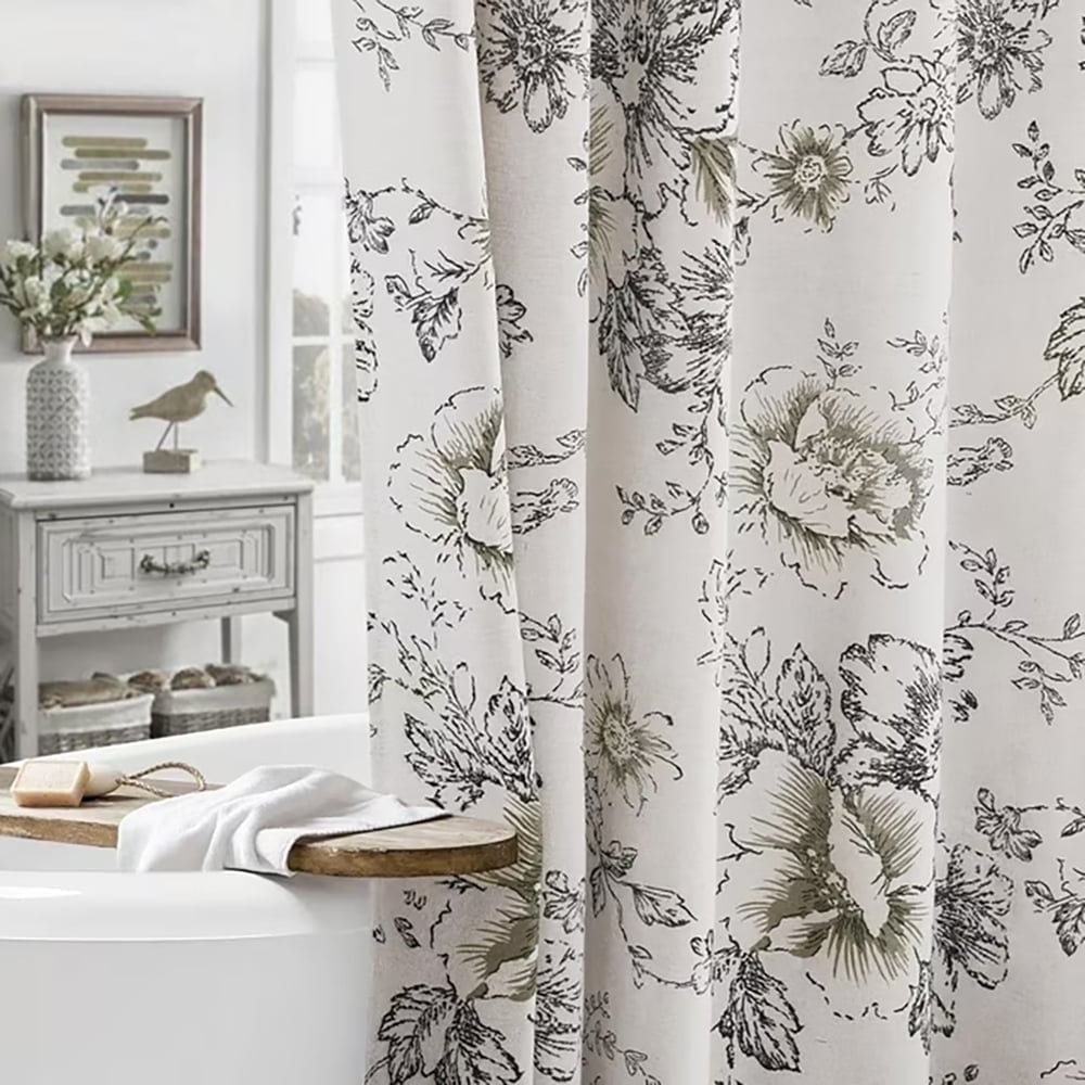 Psoiuetr Rustic Floral Cottagecore Shower Curtain Black Pattern Linen Vintage Shower Curtain for Bathroom Farmhouse 72"x72"