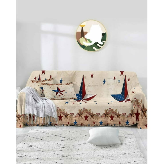 Country Rustic Sofa Covers for 3 Cushion,Washable Couch Cover for Sectional Sofa Slipcovers with Tassel,Vintage Primitive Western Barn Stars Red Loveseat Covers Futon Cover Throw Blanket 71''x118''