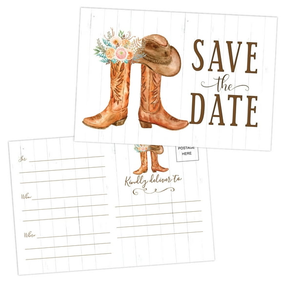 Country Rustic Wedding Save The Date Card Invitations - 50 Count - Postcard Ready to Mail, No Envelopes Needed, Cowboy Boots and Flowers