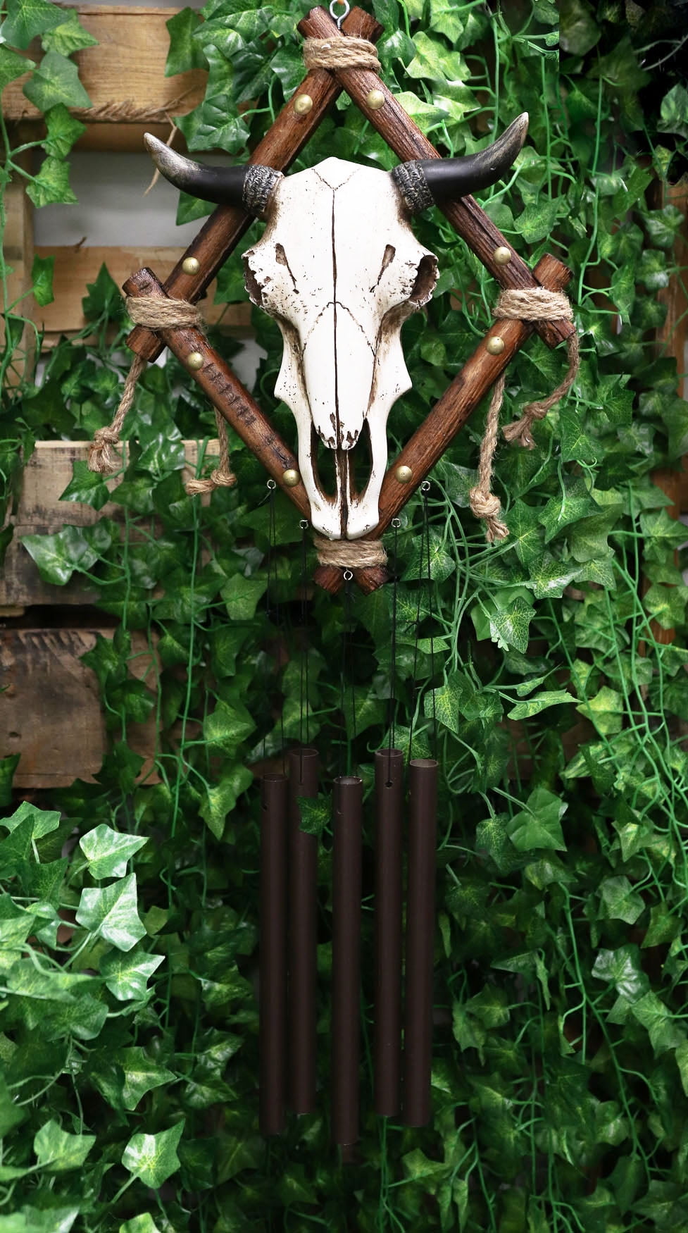 Country Rustic Western Bison Bull Skull On Branchwood Decorative Wind Chime