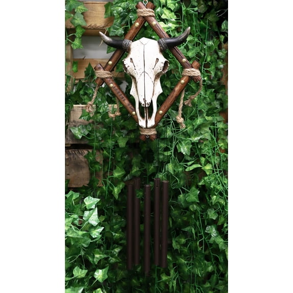Country Rustic Western Bison Bull Skull On Branchwood Decorative Wind Chime