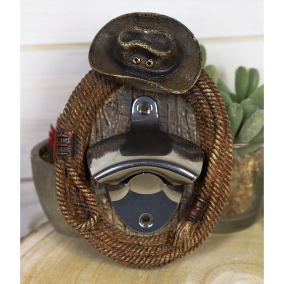 Country Rustic Western Cowboy Hat With Lasso Braided Ropes Beer Bottle Opener