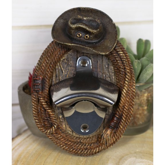 Country Rustic Western Cowboy Hat With Lasso Braided Ropes Beer Bottle Opener