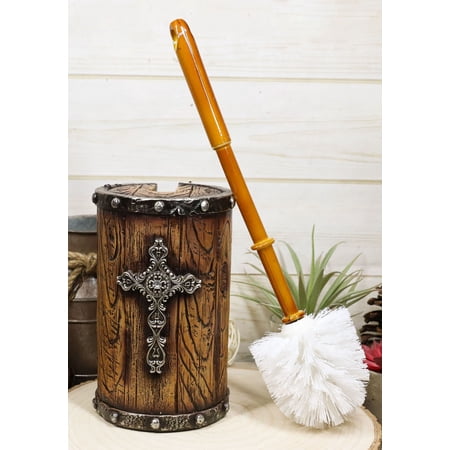 Country Rustic Western Silver Scroll Cross Faux Wood Toilet Brush And Holder Set
