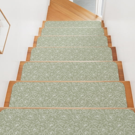 Country Sage Green Wildflowers Stair Treads Non Slip for Steps Rustic Farmhouse Pastoral Floral Leaf 10 Pcs Reusable Adhesive Stair Runner Mats for Pet Elders Carpet Treads Rugs for Staircase 8x30 In