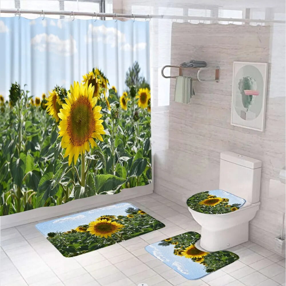 Country Scenery Sunflower Field Shower Curtain Sets Purple Sky Flower ...