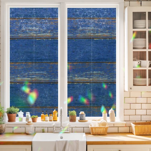 Country Shabby Blue Wood Window Privacy Film,Decorative Windows Static Cling Mottled Geometric Striped Heat Control Removable Glass Sticker for Home Bathroom Bedroom Window Door,17.7x39.3in