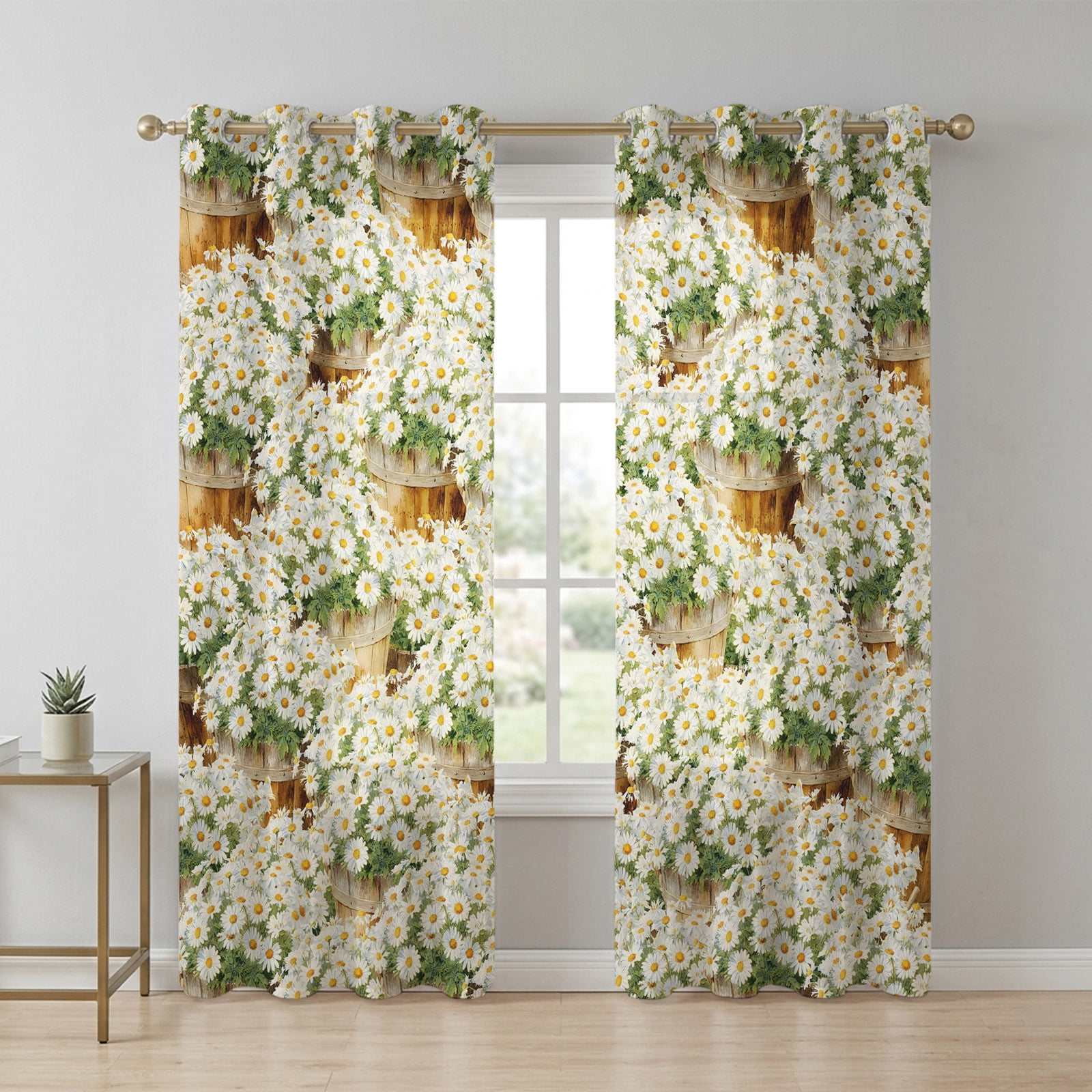 Country Sheer Curtains 90 Inch Long 2 Panels, Chrysanthemums Daisy ...