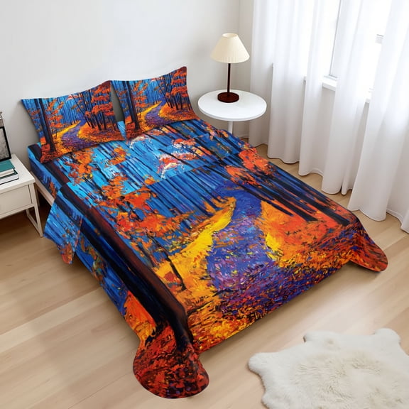 Ambesonne Autumn Fitted & Top Sheet Set with Shams, Forest in Fall Season, Orange Navy