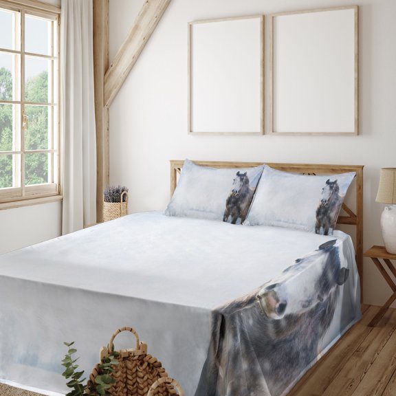 Ambesonne Winter Fitted & Top Sheet Set with Shams, Grey Horse Snow Scenery, White Brown