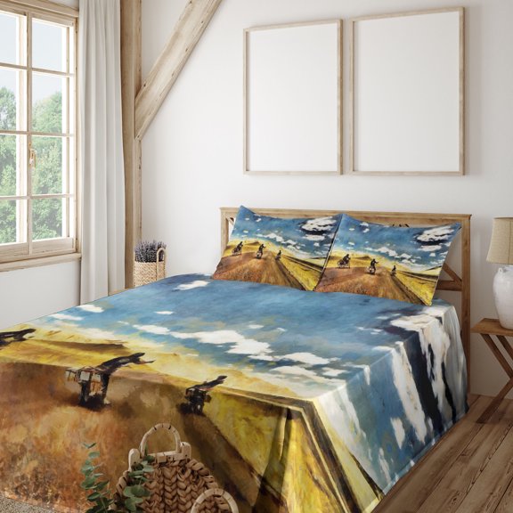 Ambesonne Travel Fitted & Top Sheet Set with Shams, Motorcycles Countryside, Multicolor