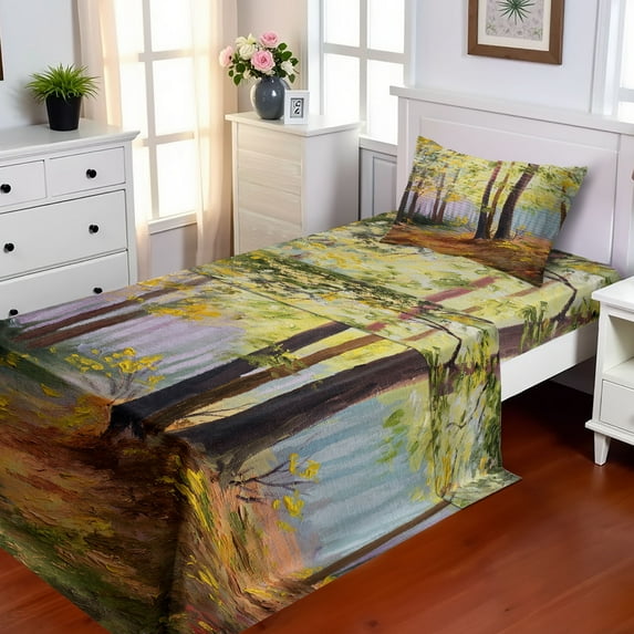 Ambesonne Country Fitted & Top Sheet Set with Sham, Spring in Forest Leaves, Brown Green