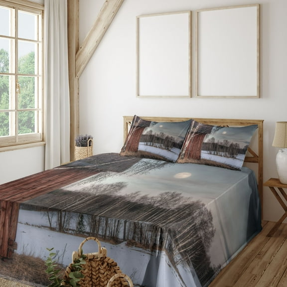 Ambesonne Country Fitted & Top Sheet Set with Shams, House Trees Winter Season, Brown and Beige