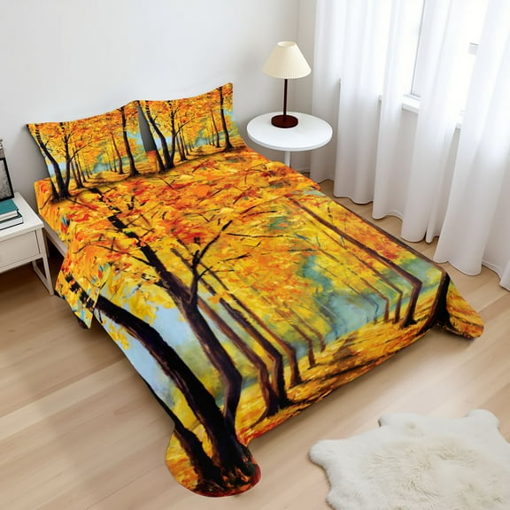 Ambesonne Country Fitted & Top Sheet Set with Shams, Nature Park Autumn Fall, Yellow Brown