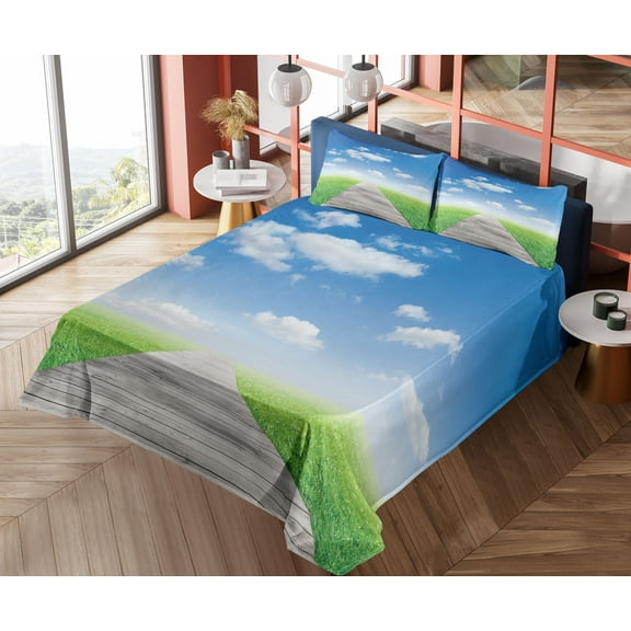 Ambesonne Nature Fitted & Top Sheet Set with Shams, Meadow Countryside Path, Blue Green Brown