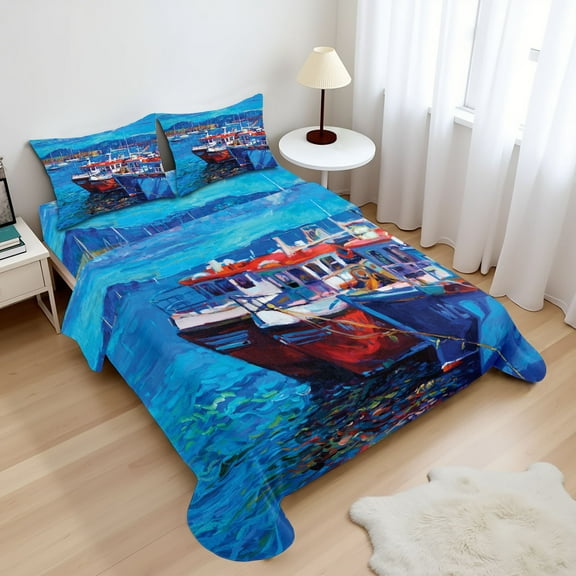 Ambesonne Maritime Fitted & Top Sheet Set with Shams, Harbour by the Sea, Navy Red