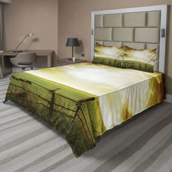 Ambesonne Country Fitted & Top Sheet Set with Shams, Sunset on Spring Field, Green Yellow