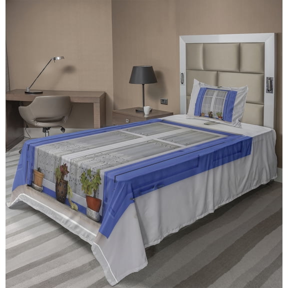 Country Sheet Set, Typical Greek Style Wooden Window Shutters with Flowers Mediterranean Life, Fitted and Flat Sheet with Pillowcase Bedding Accent 3 Piece Set, Twin, White Turquoise, by Ambesonne