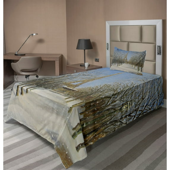 Ambesonne Winter Fitted & Top Sheet Set with Sham, Snowy Paris City View, White Blue Grey