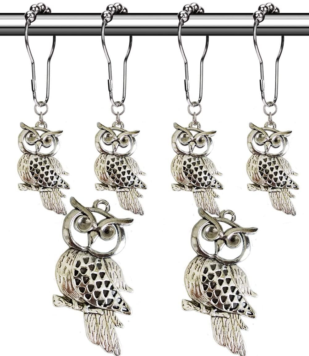 Country Shower Curtain Hooks - Rust Proof Brushed Nickel Rings with Owl Pendant Accessories Set - Decorative Metal Shower Curtain Hooks and Rings for Bathroom Shower Curtain Rods, Set of 12