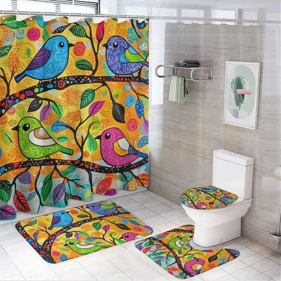 Country Sloth Shower Curtain Sets with Rugs Toilet Lid Cover and Bath Mat for Bathroom,Home Tub Curtains Sets with Rugs Colorful Animal Tropical Leaves Print Four-Piece