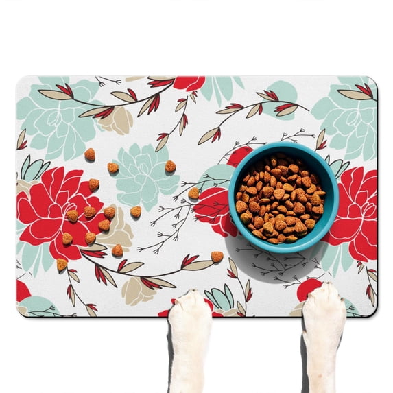 Country Small Floral Dog Bowl Mat - Rustic Farmhouse Pet Food Mat, Absorbent Multi-Layer Core for Tidy Floors