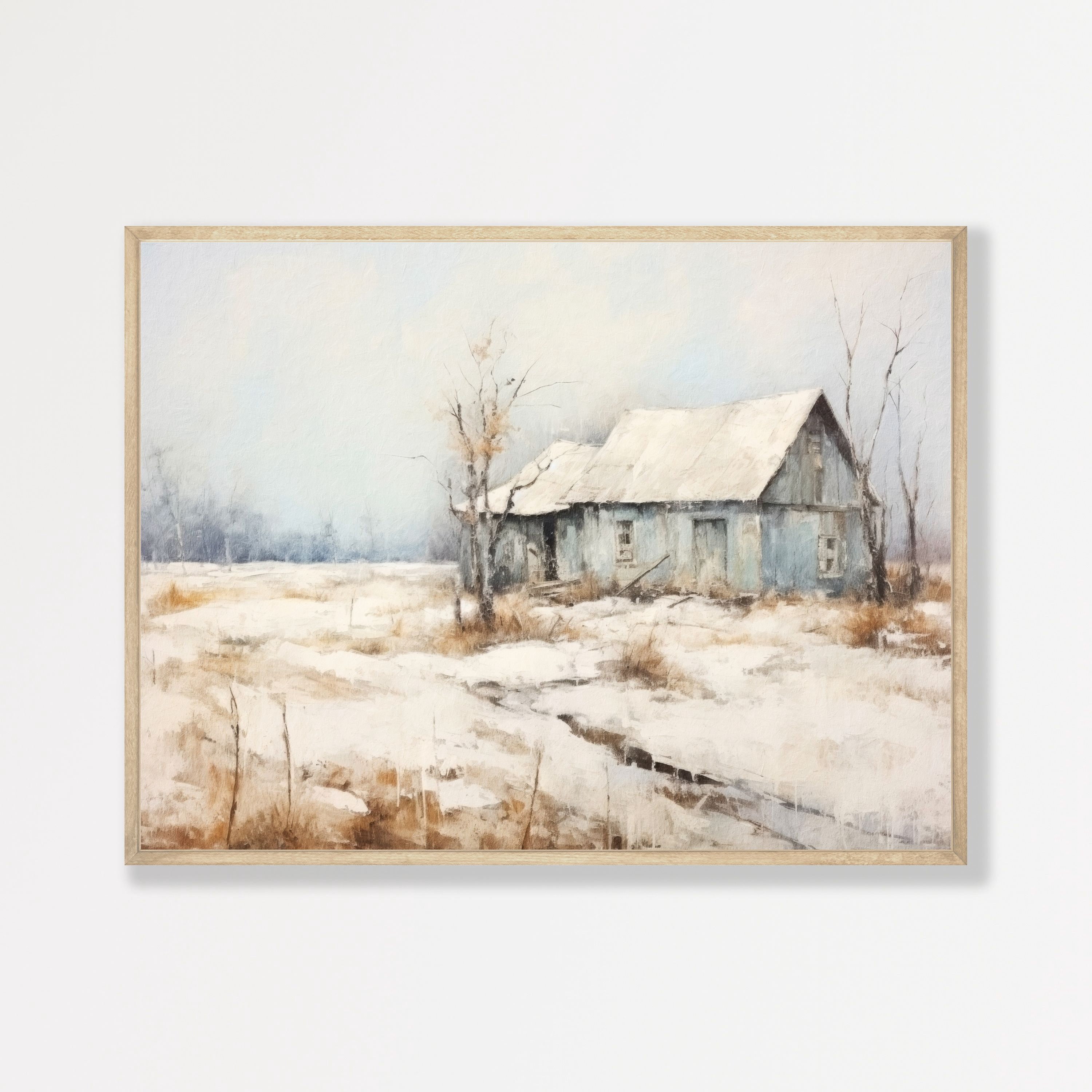 Country Snow Scene Print Barn And Field Vintage Style Home Decor Office ...
