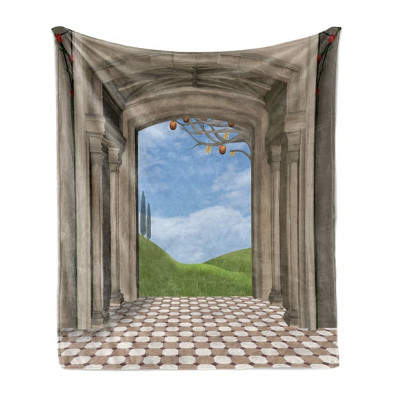 Country Soft Flannel Fleece Blanket, Classic Architectural Entrance Illustration with Backdrop of Countryside Landscape, Cozy Plush for Indoor and Outdoor Use, 50" x 60", Blue Green, by Ambesonne