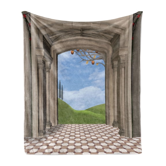 Country Soft Flannel Fleece Blanket, Classic Architectural Entrance Illustration with Backdrop of Countryside Landscape, Cozy Plush for Indoor and Outdoor Use, 50" x 70", Blue Green, by Ambesonne