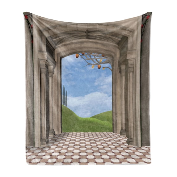 Country Soft Flannel Fleece Blanket, Classic Architectural Entrance Illustration with Backdrop of Countryside Landscape, Cozy Plush for Indoor and Outdoor Use, 70" x 90", Blue Green, by Ambesonne
