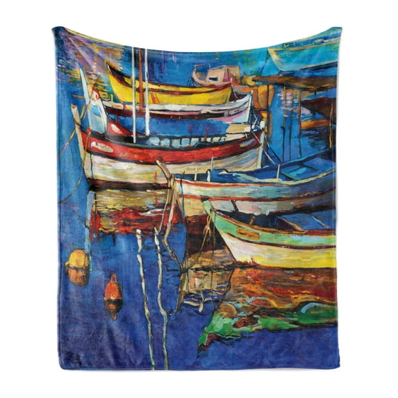 Country Soft Flannel Fleece Blanket, Folk Art Style Paint of Boats on Shore at Golden Yellow Sunset Cruising by the Sea, Cozy Plush for Indoor and Outdoor Use, 60" x 80", Multicolor, by Ambesonne