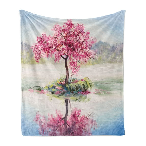 Country Soft Flannel Fleece Blanket, Image Blooming Japanese Cherry Tree Sakura on the Lake Soft Romantic Culture Print, Cozy Plush for Indoor and Outdoor Use, 50" x 70", Multicolor, by Ambesonne