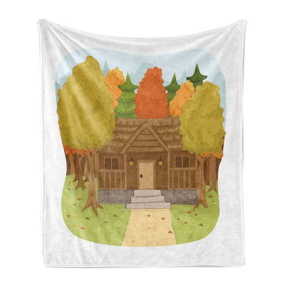 Country Soft Flannel Fleece Blanket, Log Cabin Surrounded by Autumn Trees in Forest Illustration Outdoors Activity Theme, Cozy Plush for Indoor and Outdoor Use, 50" x 60", Multicolor, by Ambesonne
