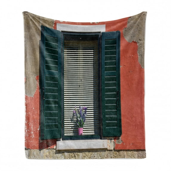 Country Soft Flannel Fleece Blanket, Old Italian Stone House with Medieval Style Shutters Image of Colorful Flowers, Cozy Plush for Indoor and Outdoor Use, 50" x 70", Green Grey Red, by Ambesonne