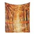 thumbnail image 1 of Country Soft Flannel Fleece Blanket, Painting of a Forest by the Small Lake in Autumn Pale Fall Trees and Leaves Art, Cozy Plush for Indoor and Outdoor Use, 60" x 80", Orange Brown, by Ambesonne, 1 of 5