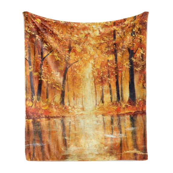 Country Soft Flannel Fleece Blanket, Painting of a Forest by the Small Lake in Autumn Pale Fall Trees and Leaves Art, Cozy Plush for Indoor and Outdoor Use, 70" x 90", Orange Brown, by Ambesonne