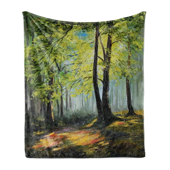 Country Soft Flannel Fleece Blanket, Painting Landscape of a Forest Dark Deep with Fresh Colors in Autumn Nature Image, Cozy Plush for Indoor and Outdoor Use, 70" x 90", Multicolor, by Ambesonne
